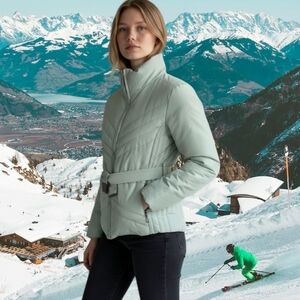 Larry Levin Vtg pistachio green fitted down filled puffer jacket with belt sz XS